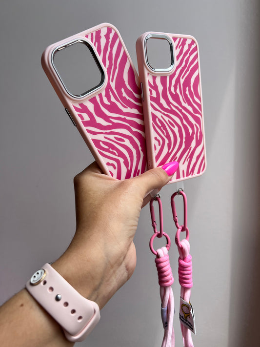 Carcasa Zebra + colgante rosado cordón.